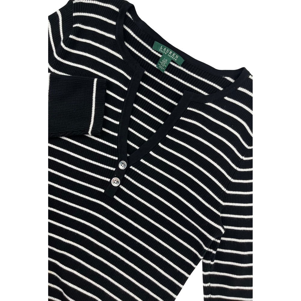Lauren Ralph Lauren Striped Ribbed Henley Sweater Top Womens Large Black White L